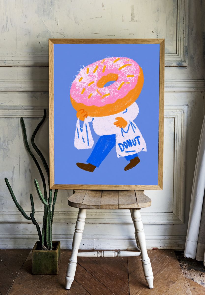 Walking Donut Illustration Poster. — room view 1