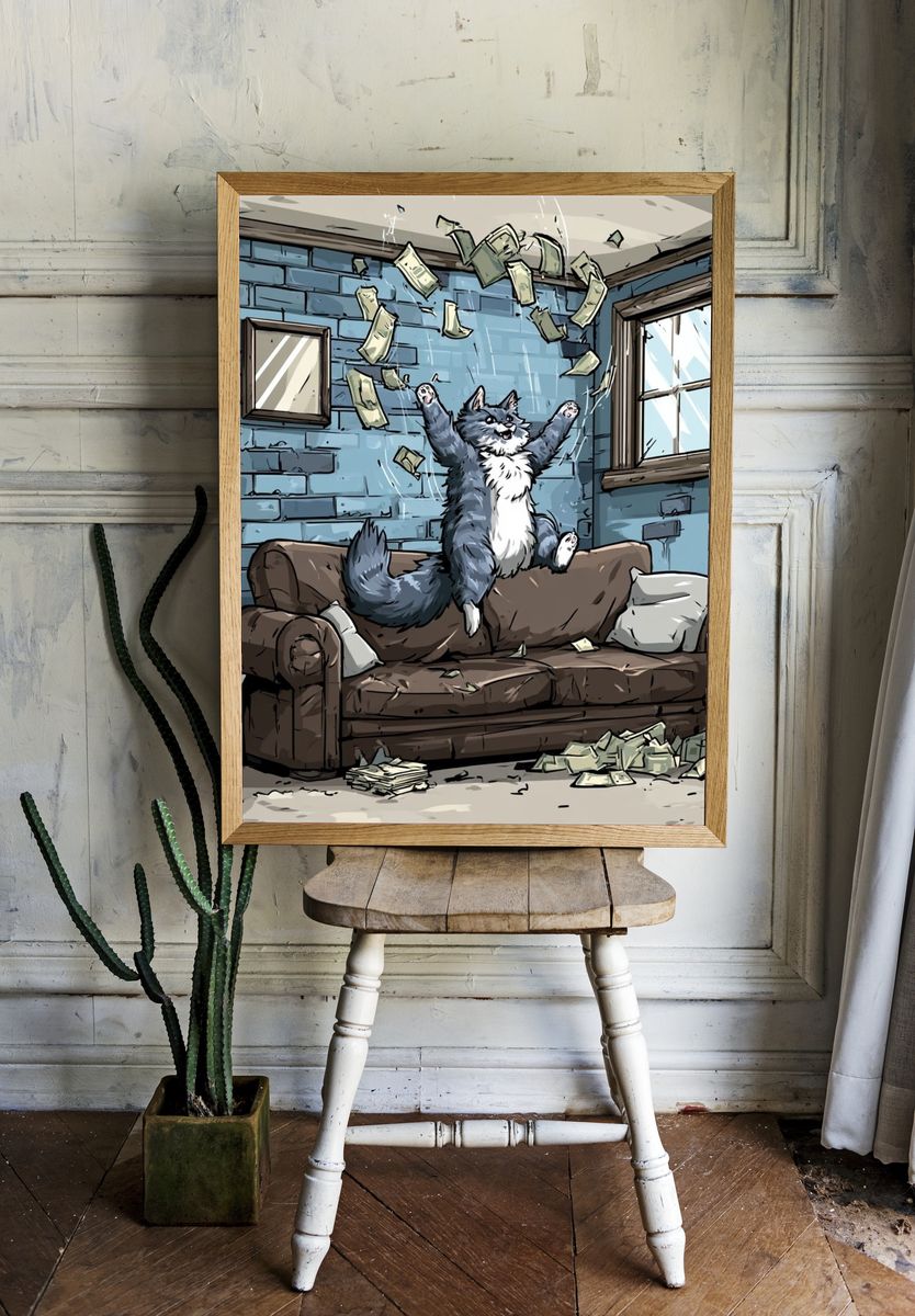 Cat Cash Celebration Illustration Poster. room preview
