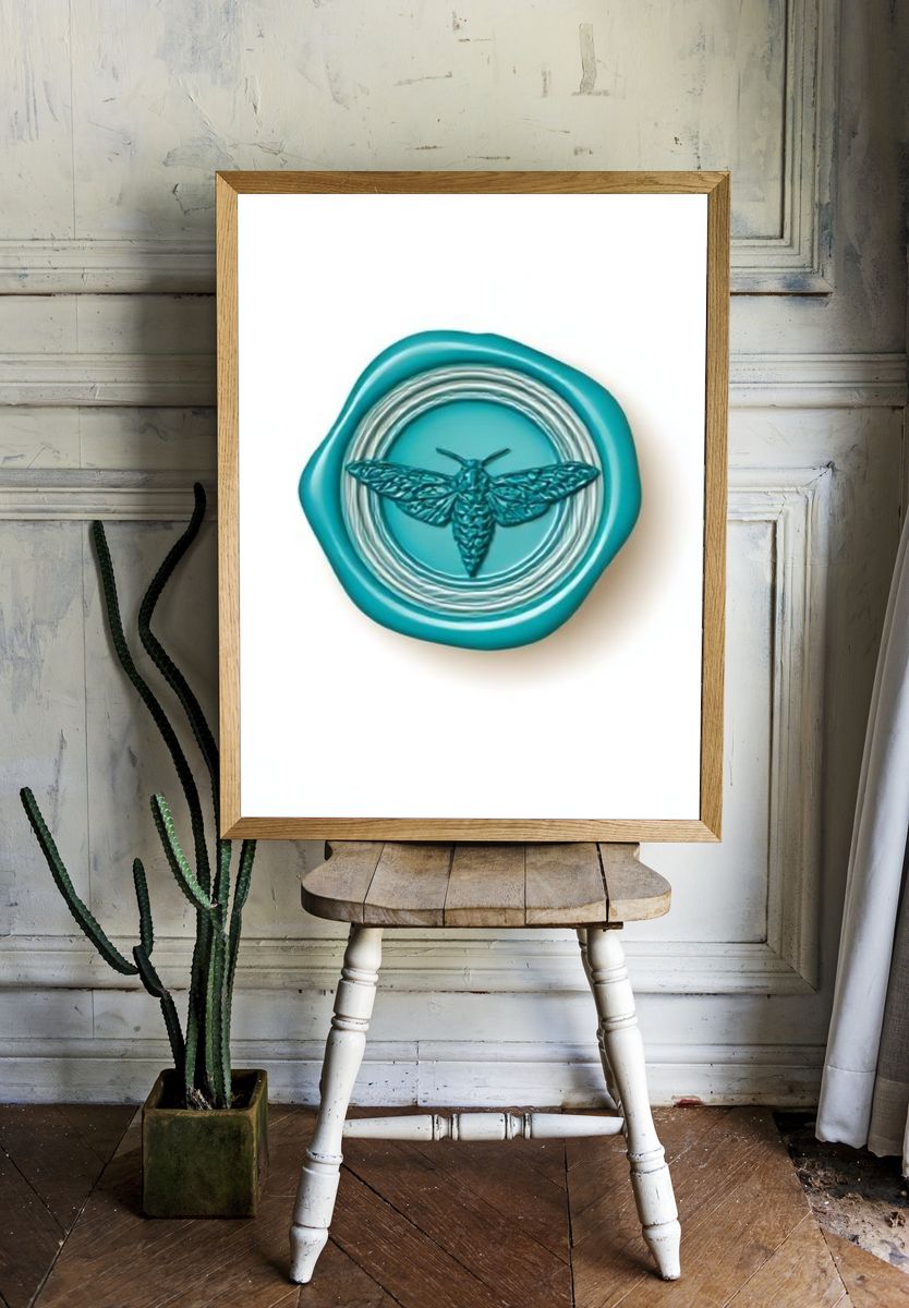 Teal Moth Emblem Illustration Poster. room preview