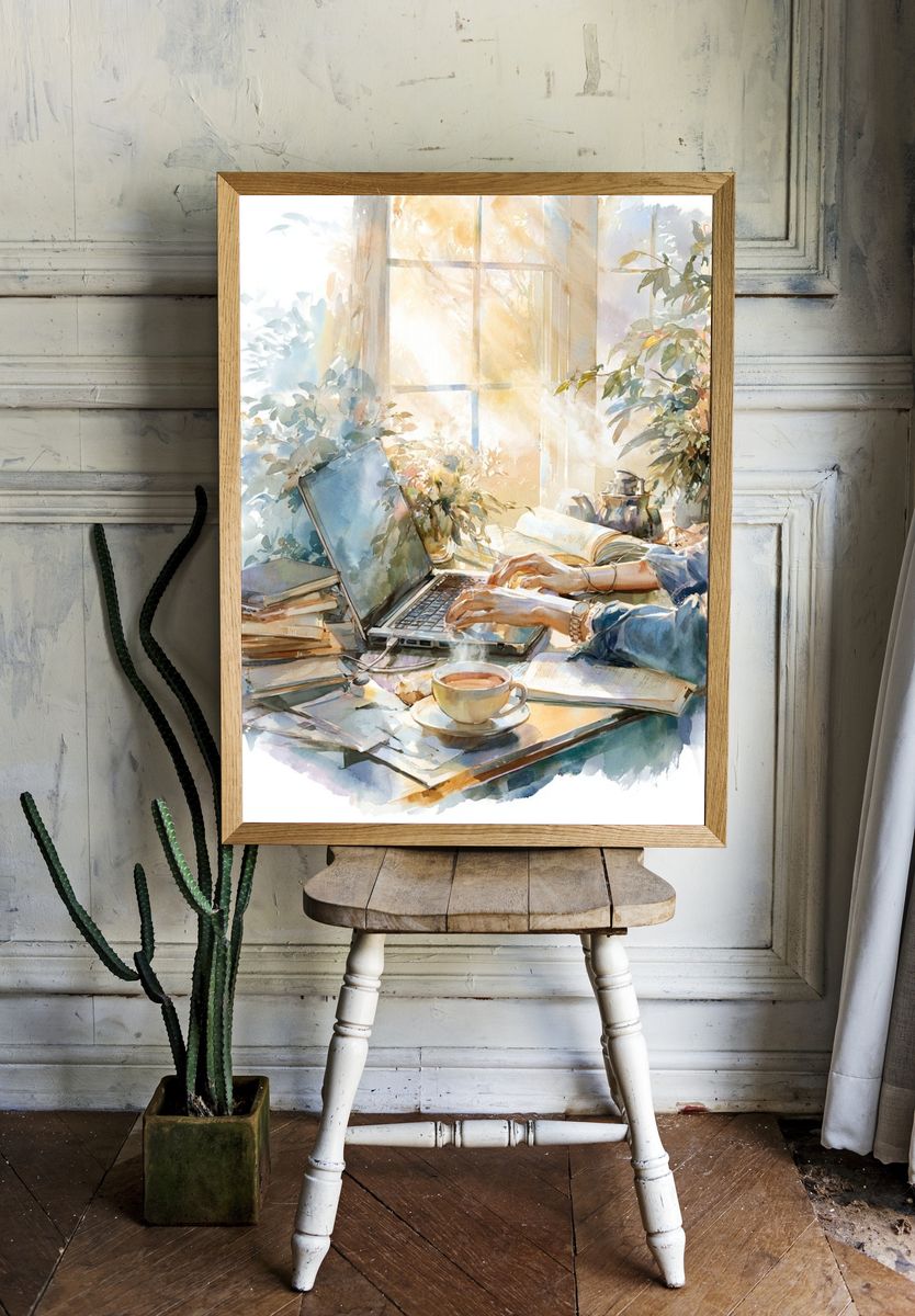 Sunlit Study Desk Watercolor Print. room preview