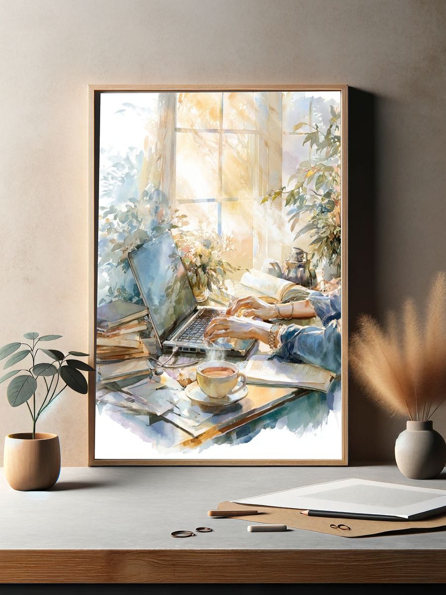 Sunlit Study Desk Watercolor Print. — room view 2