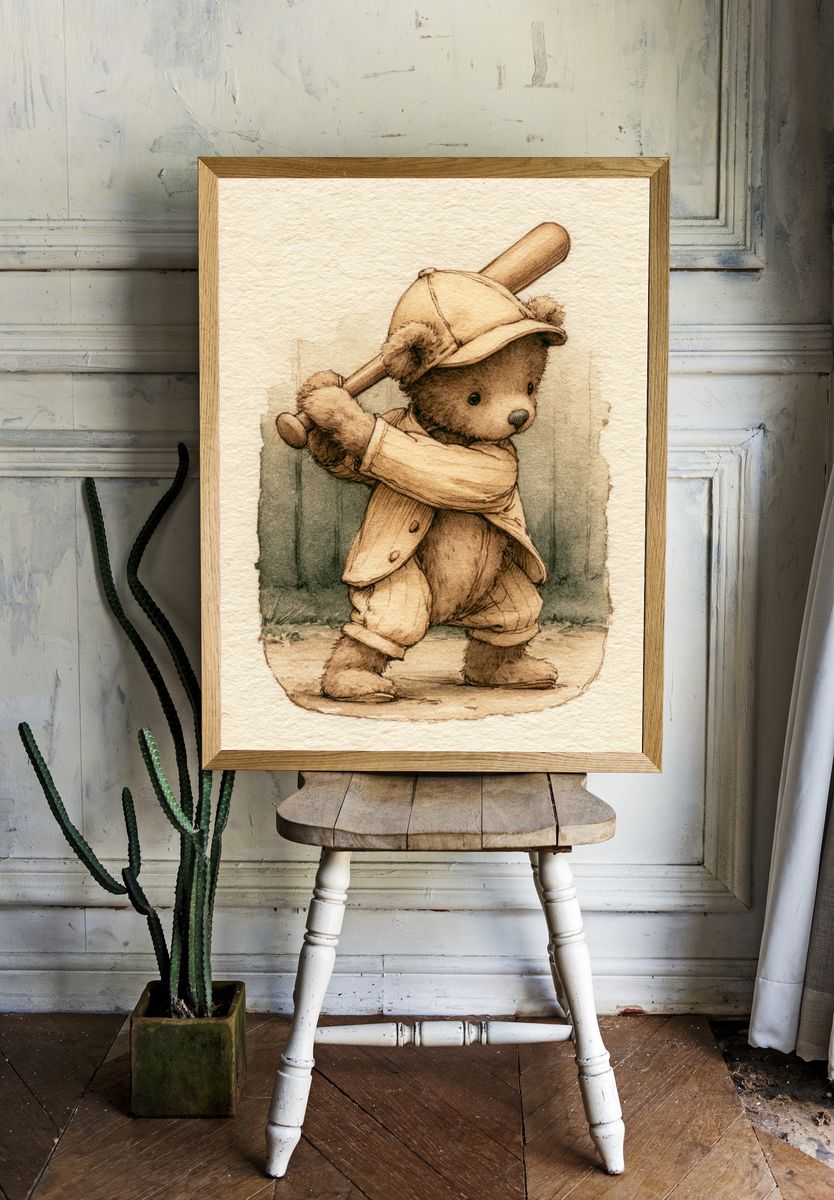 Teddy Bear Baseball Illustration Print. — room view 1