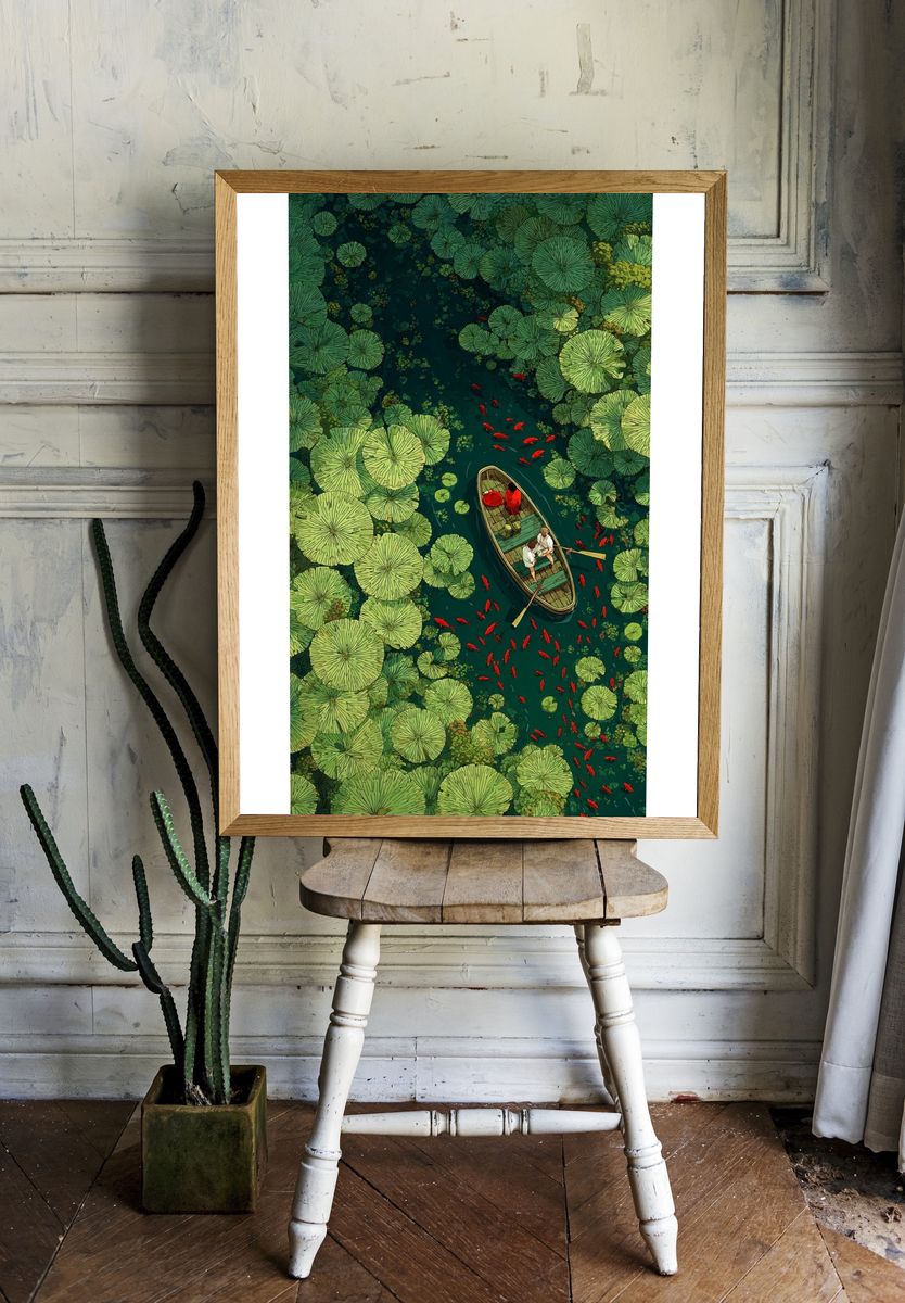 Lotus Pond Boat Ride Illustration Poster. room preview