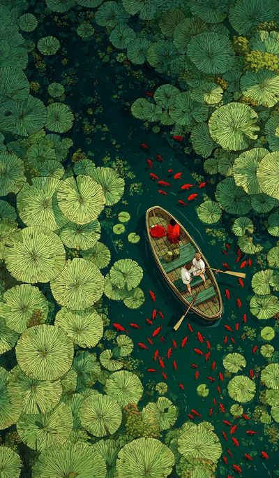 Lotus Pond Boat Ride Illustration Poster. poster