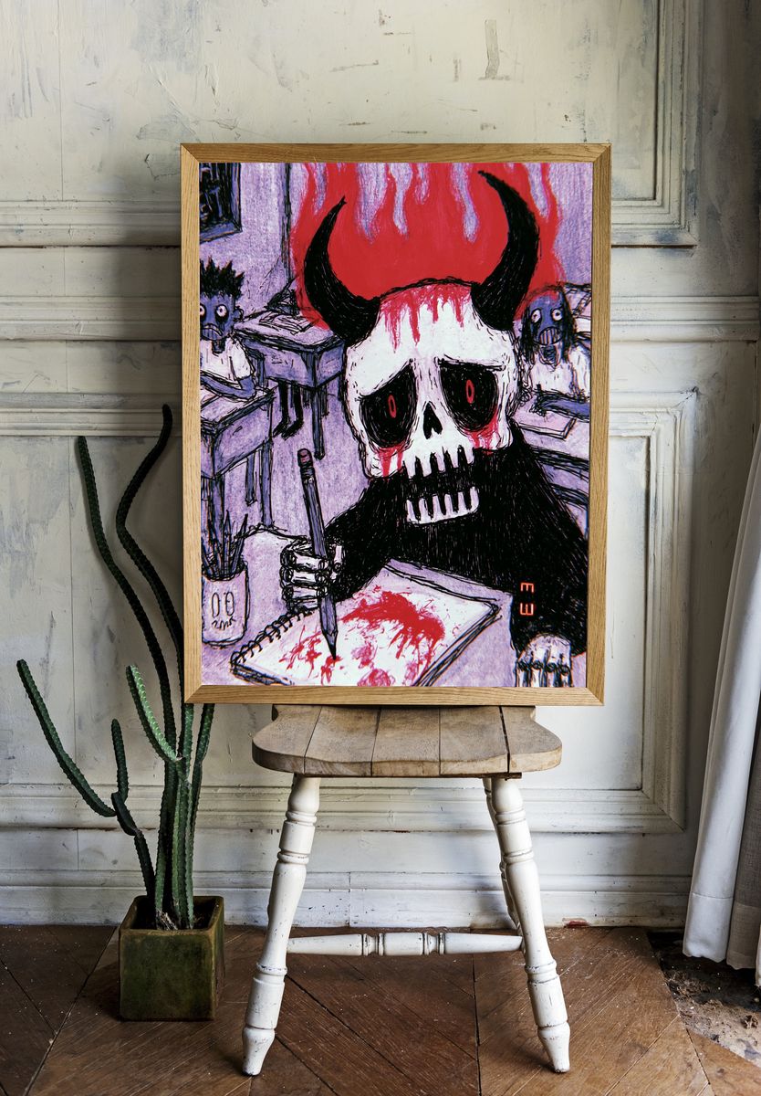Horned Skull Horror Illustration Poster. room preview