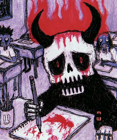 Horned Skull Horror Illustration Poster. poster print