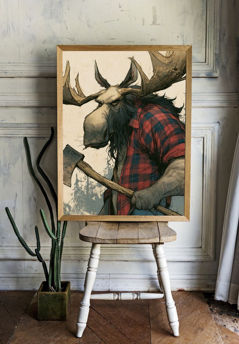 Lumberjack Moose Illustration Poster. — room view 1
