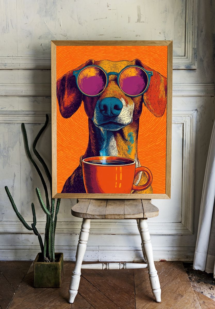 Cool Dog with Coffee Illustration Poster. — room view 1