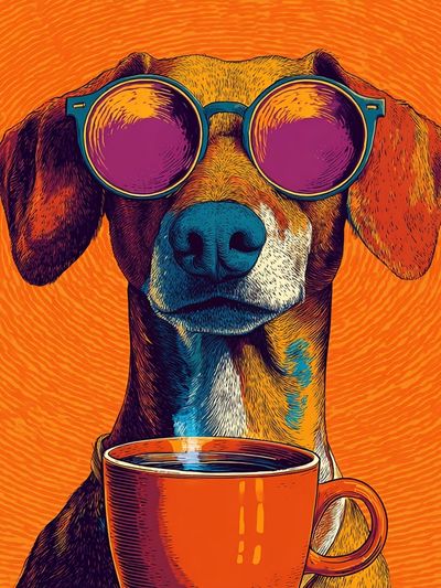 Cool Dog with Coffee Illustration Poster. poster