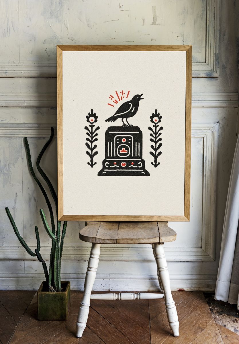 Bird on Pedestal Folk Art Poster. room preview