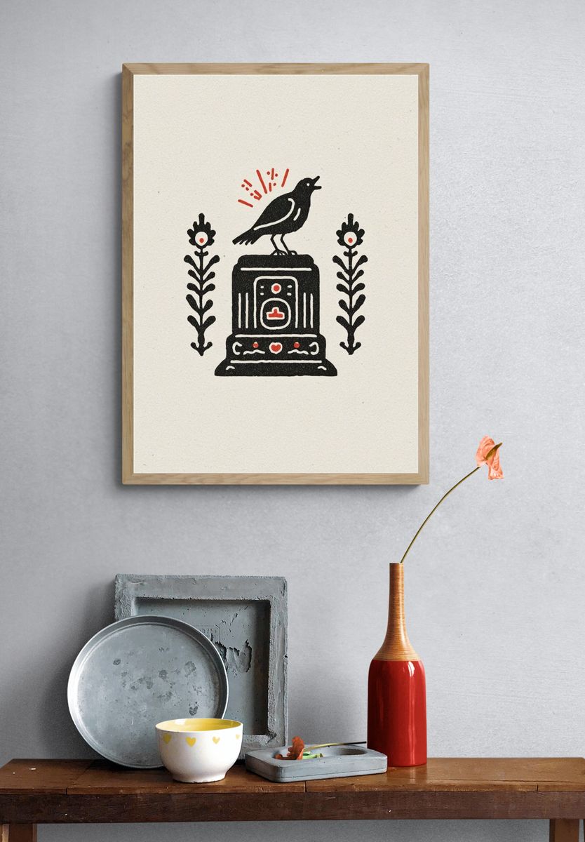 Bird on Pedestal Folk Art Poster. — room view 3