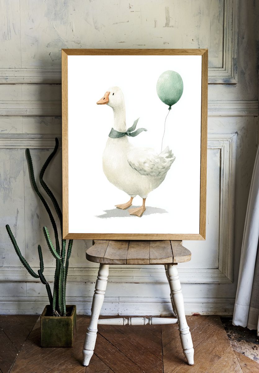 Goose with Balloon Watercolor Print room preview