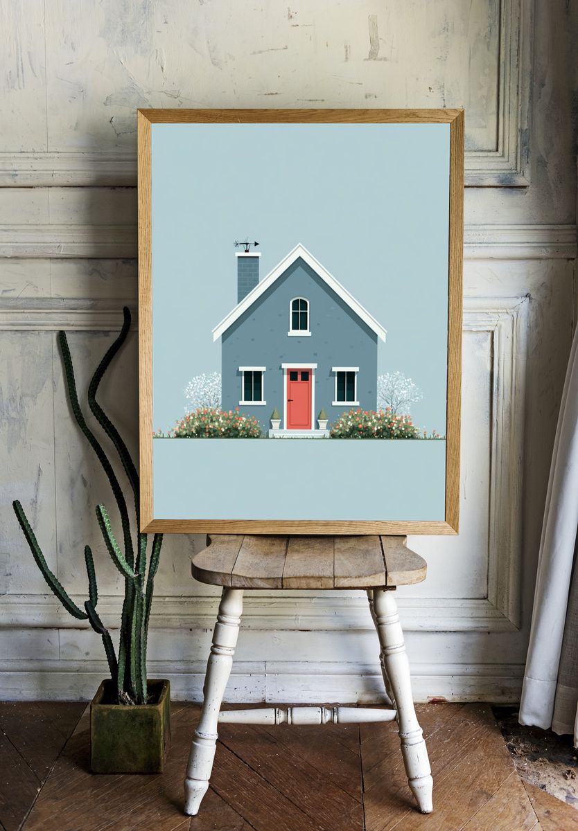 Blue Cottage Illustration Poster. — room view 1