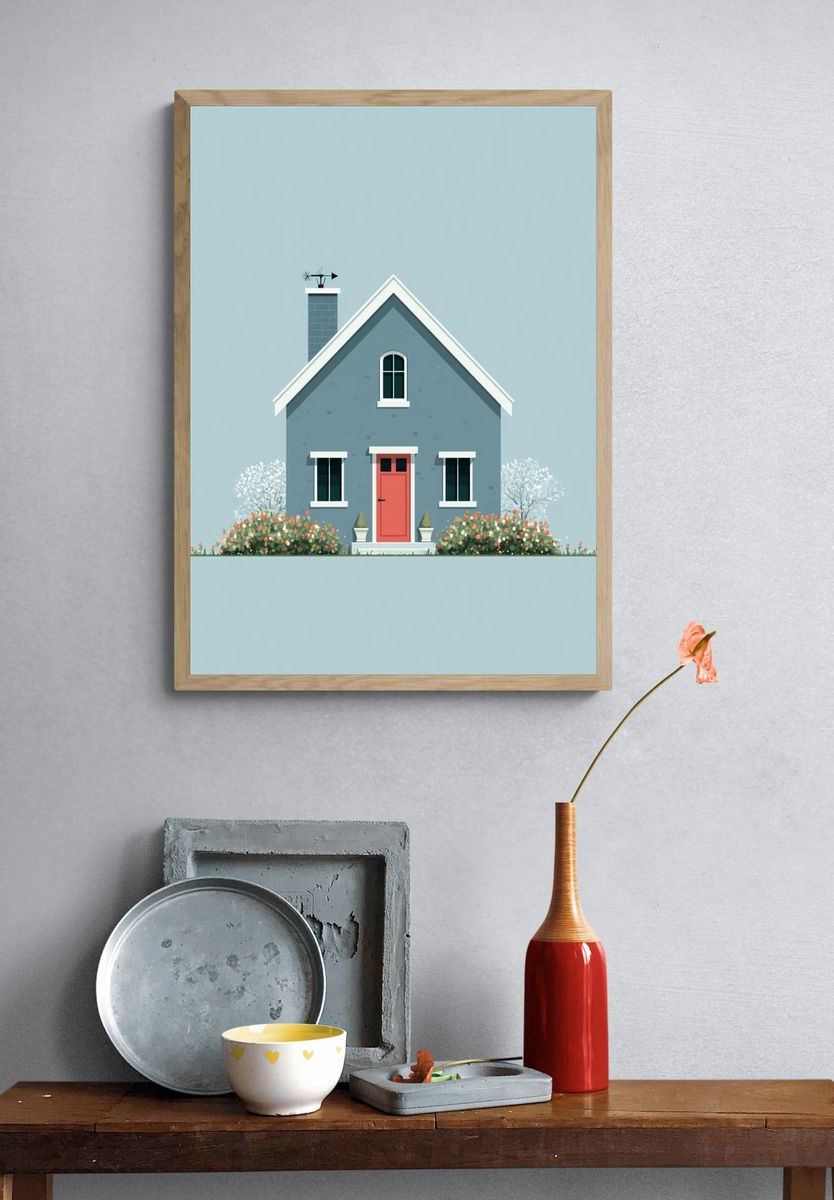 Blue Cottage Illustration Poster. — room view 3