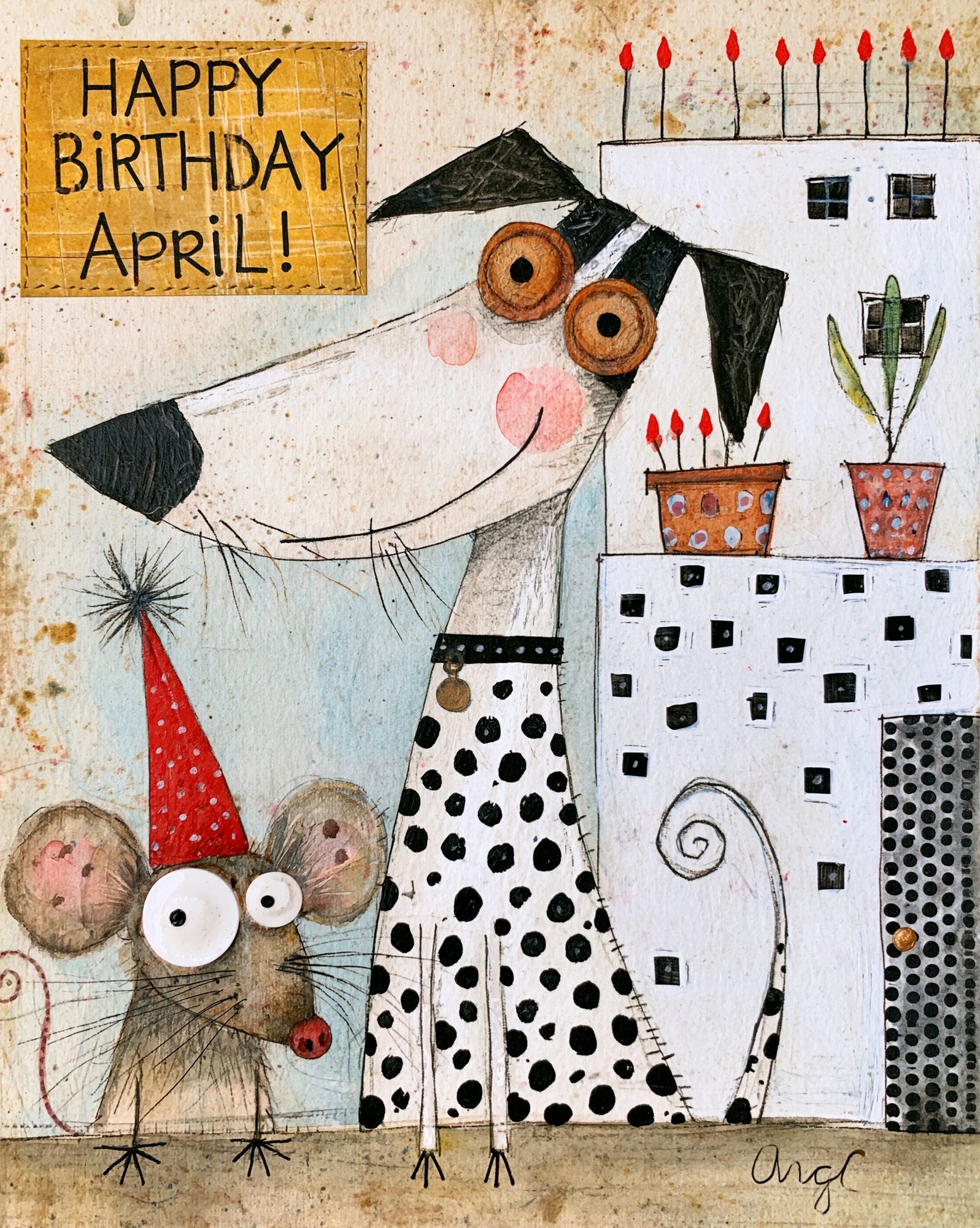 Happy Birthday April Dog Print. poster — illustration art