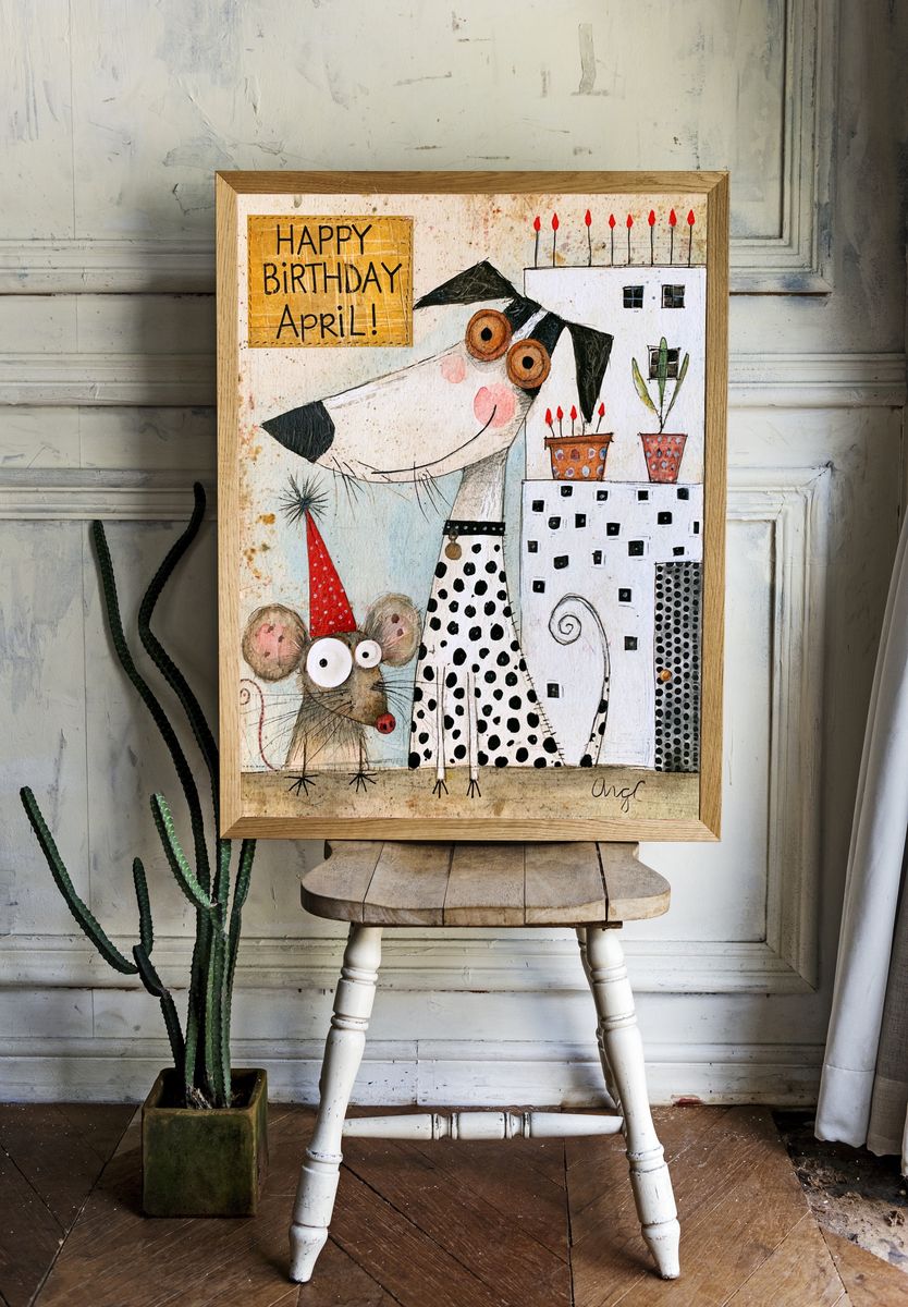 Happy Birthday April Dog Print. room preview