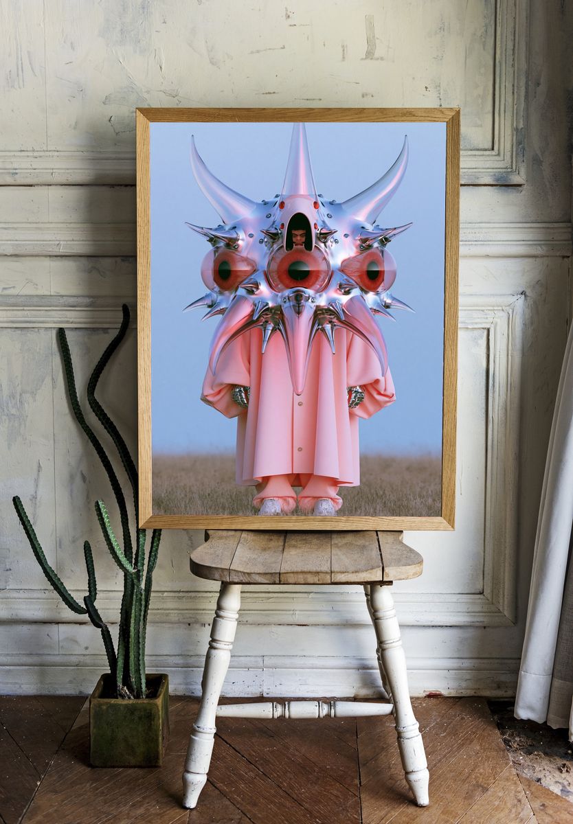 Surreal Chrome Mask Portrait Print. — room view 1