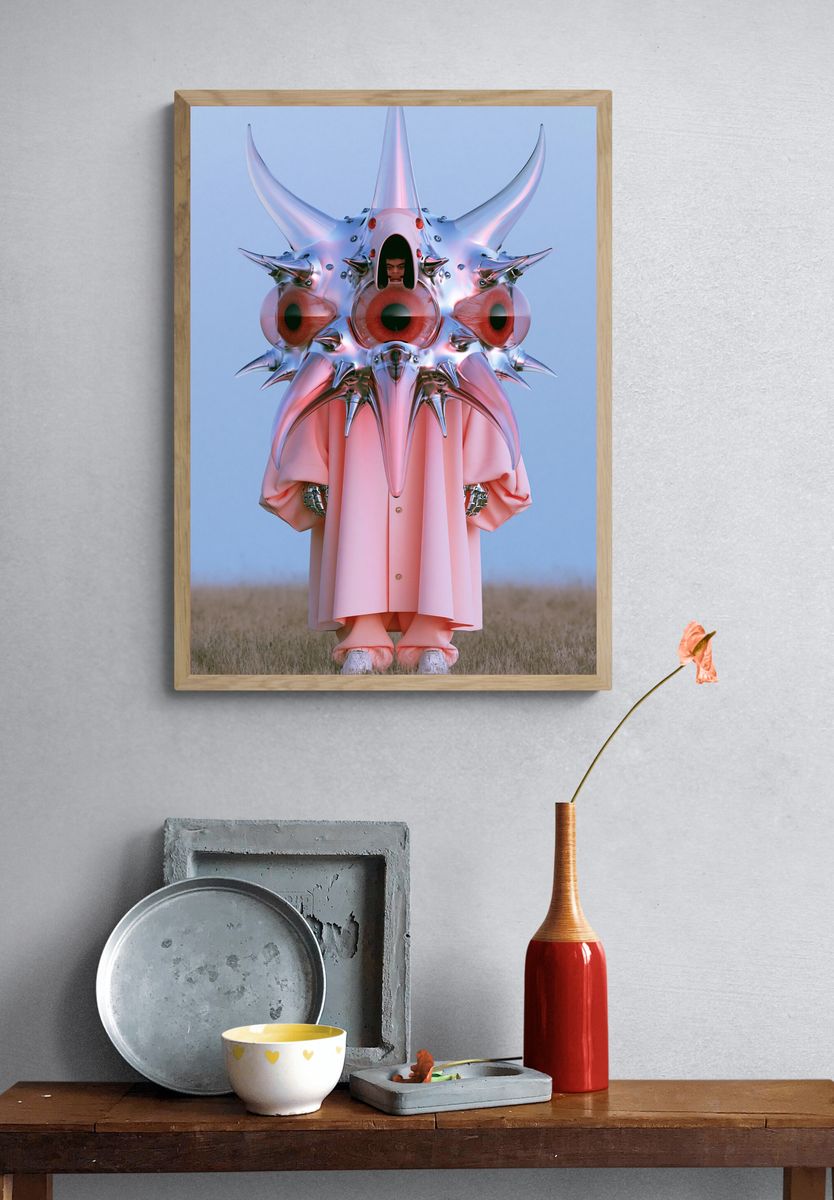 Surreal Chrome Mask Portrait Print. — room view 3