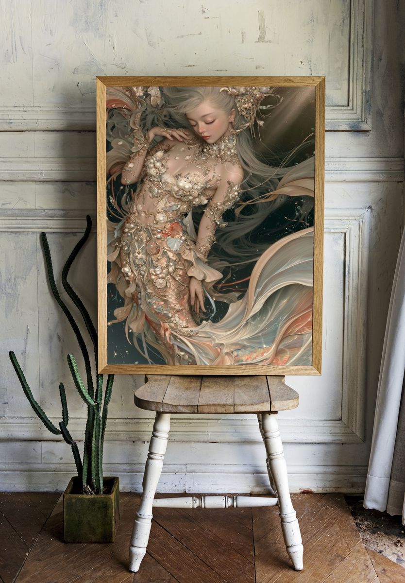 Dreamy Mermaid Portrait Print. room preview