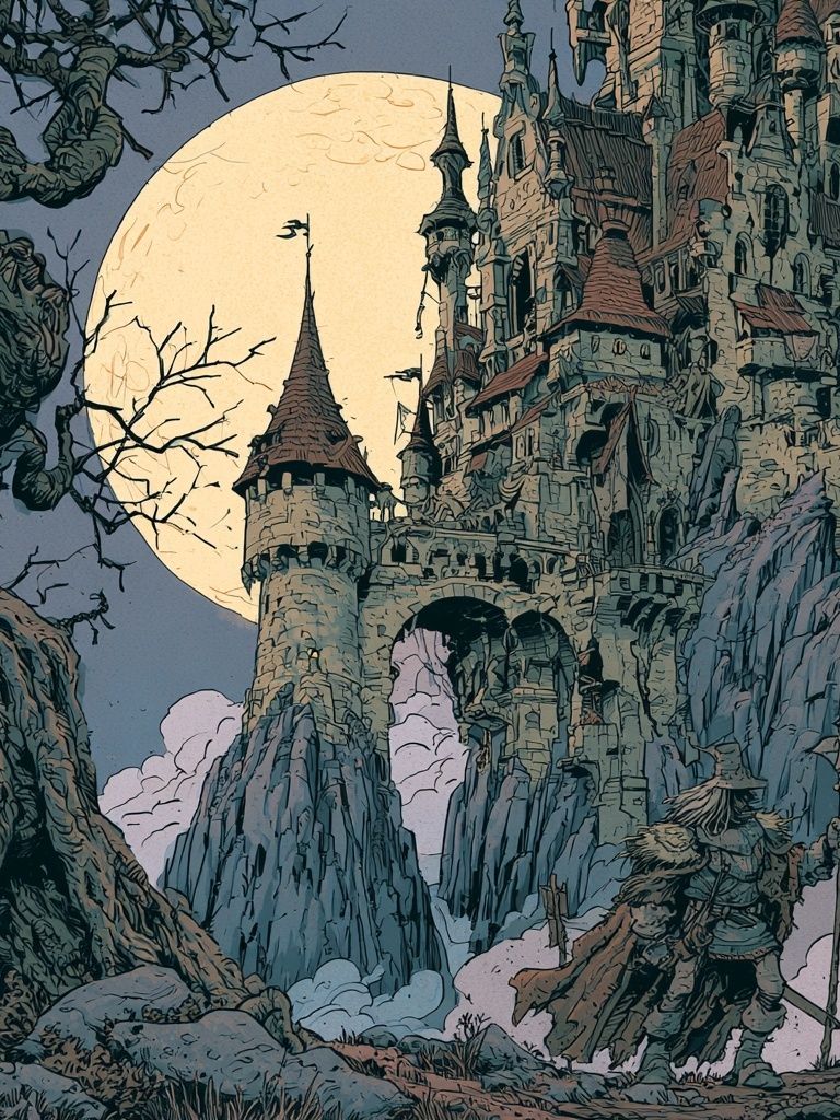 Moonlit Castle Fantasy Illustration Poster. poster detail