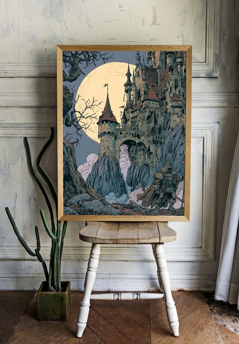 Moonlit Castle Fantasy Illustration Poster. room preview