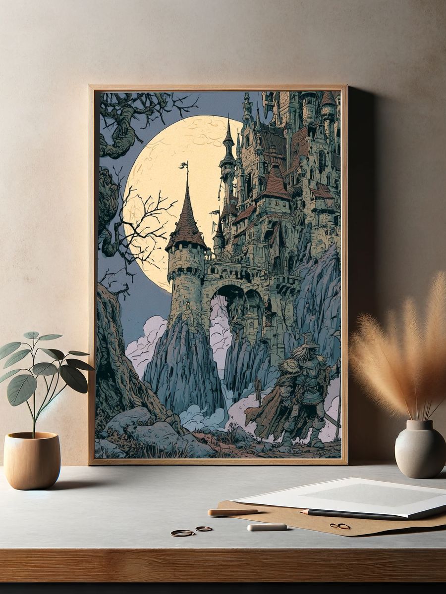 Moonlit Castle Fantasy Illustration Poster. — room view 2