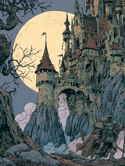 Moonlit Castle Fantasy Illustration Poster.