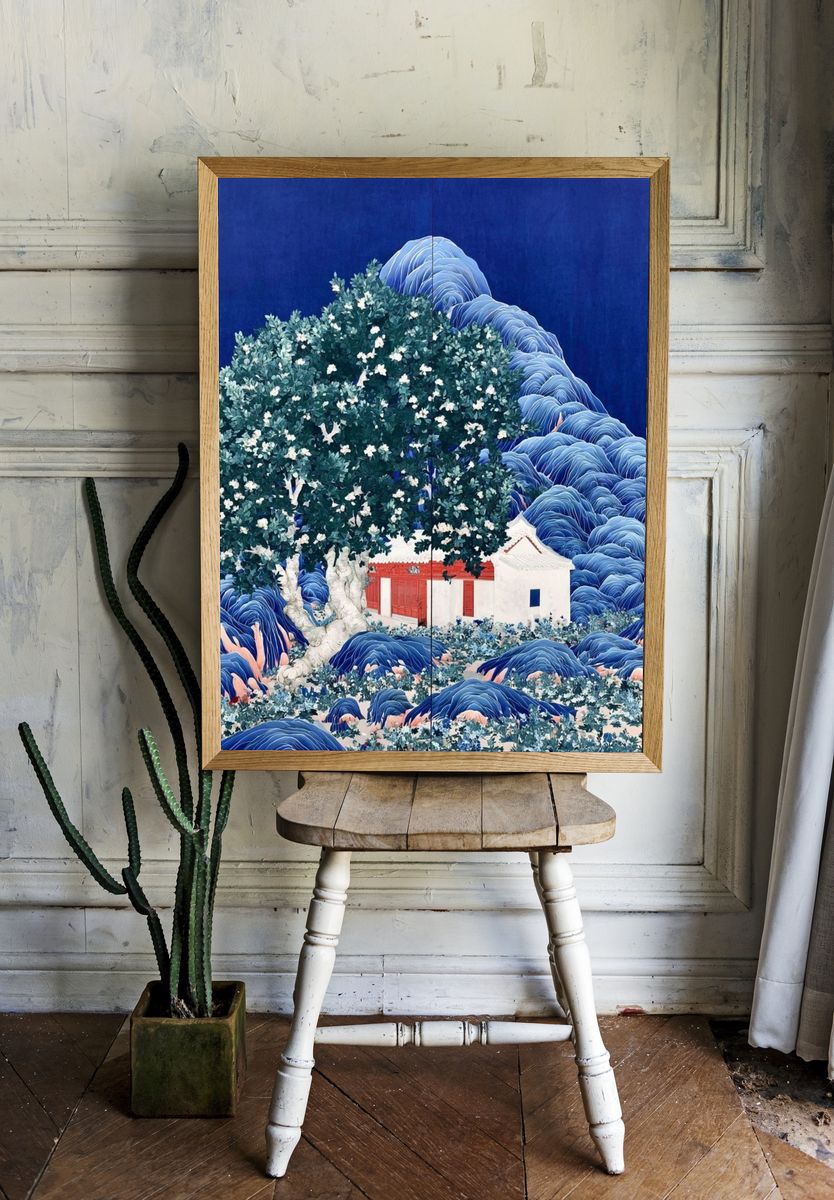 Blue Mountain Village Illustration Poster. room preview