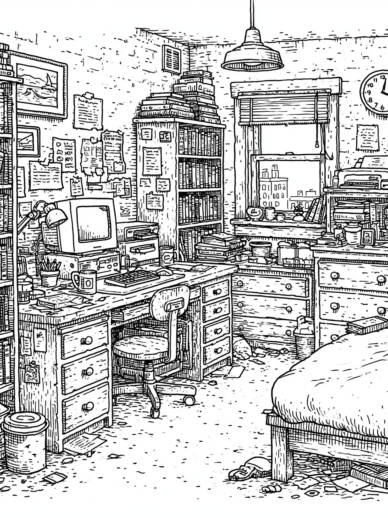 Cozy Bookish Bedroom Line Art Poster. poster — illustration art