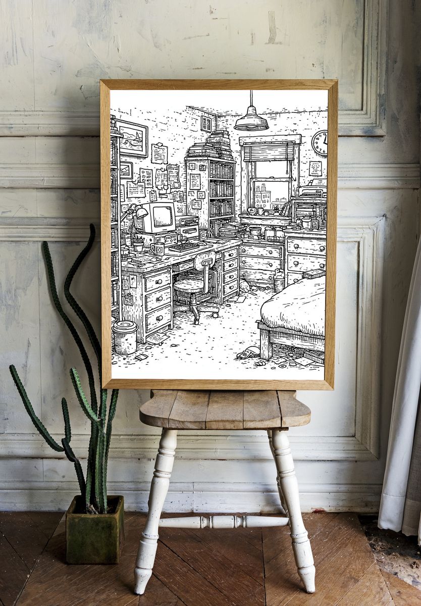 Cozy Bookish Bedroom Line Art Poster. — room view 1