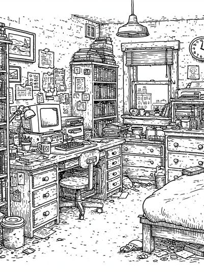 Cozy Bookish Bedroom Line Art Poster. poster