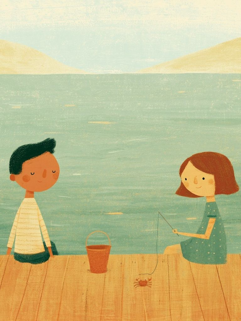 Children Fishing by the Lake Illustration Print. poster — illustration art