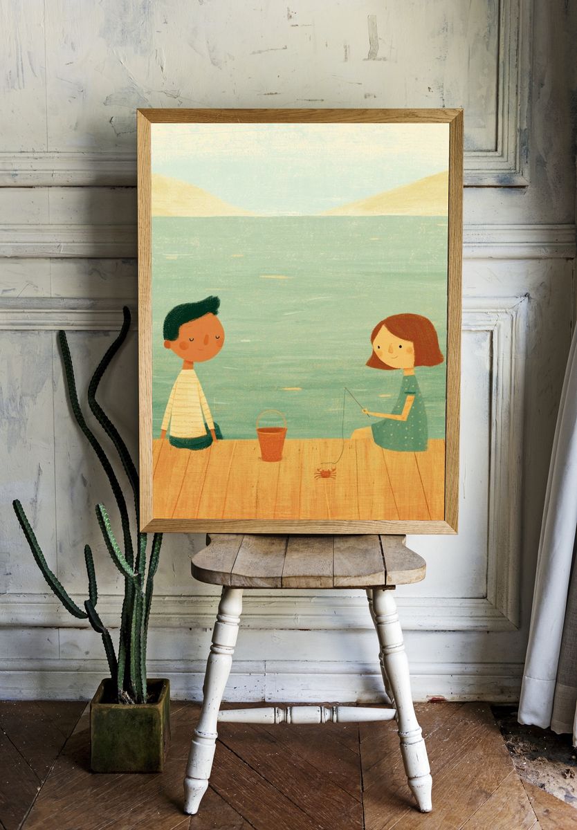 Children Fishing by the Lake Illustration Print. room preview