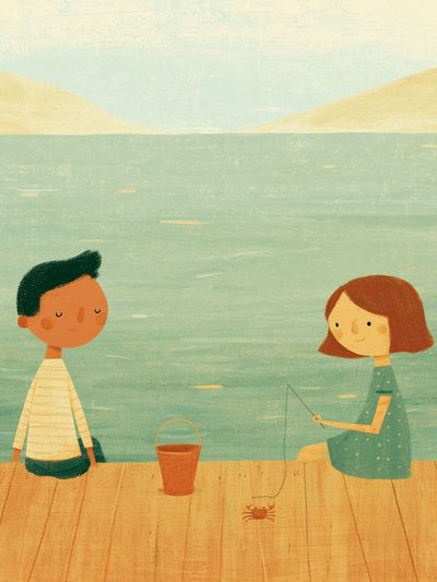 Children Fishing by the Lake Illustration Print.
