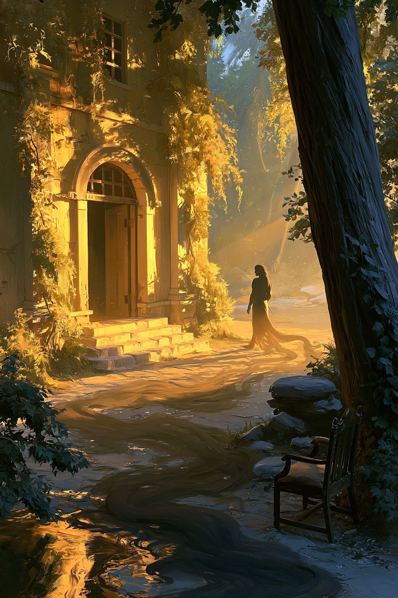 Golden Forest Courtyard Illustration Poster. poster detail