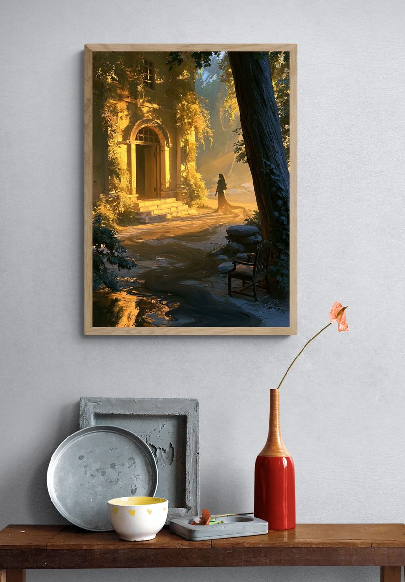 Golden Forest Courtyard Illustration Poster. — room view 3