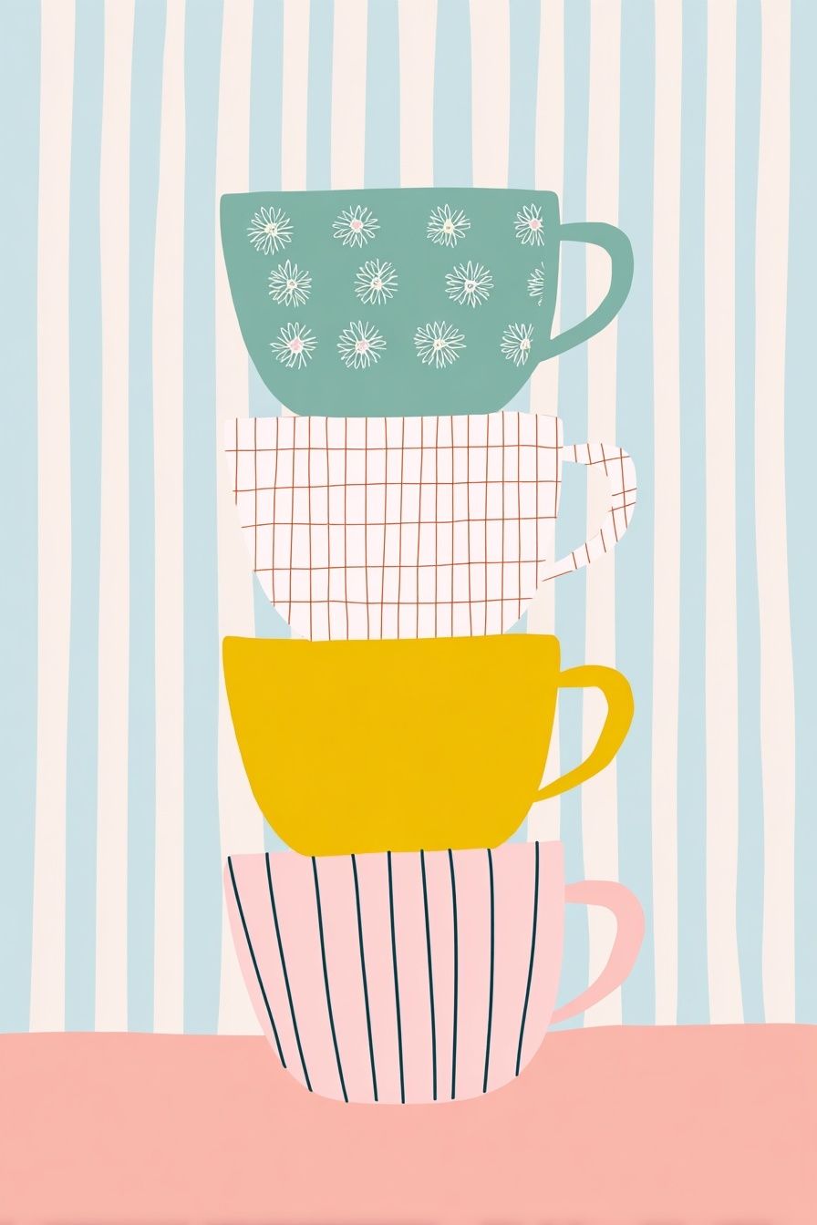 Stacked Teacups Illustration Poster. poster detail