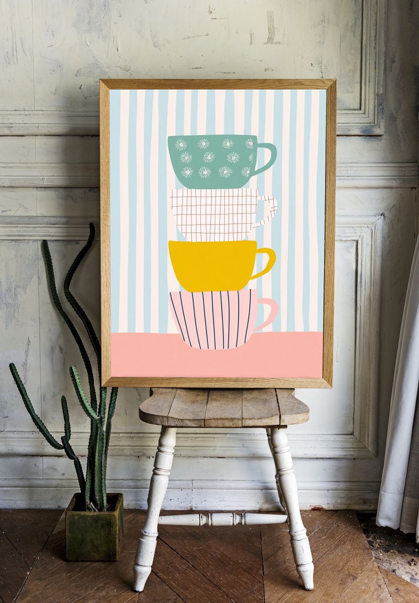 Stacked Teacups Illustration Poster. — room view 1