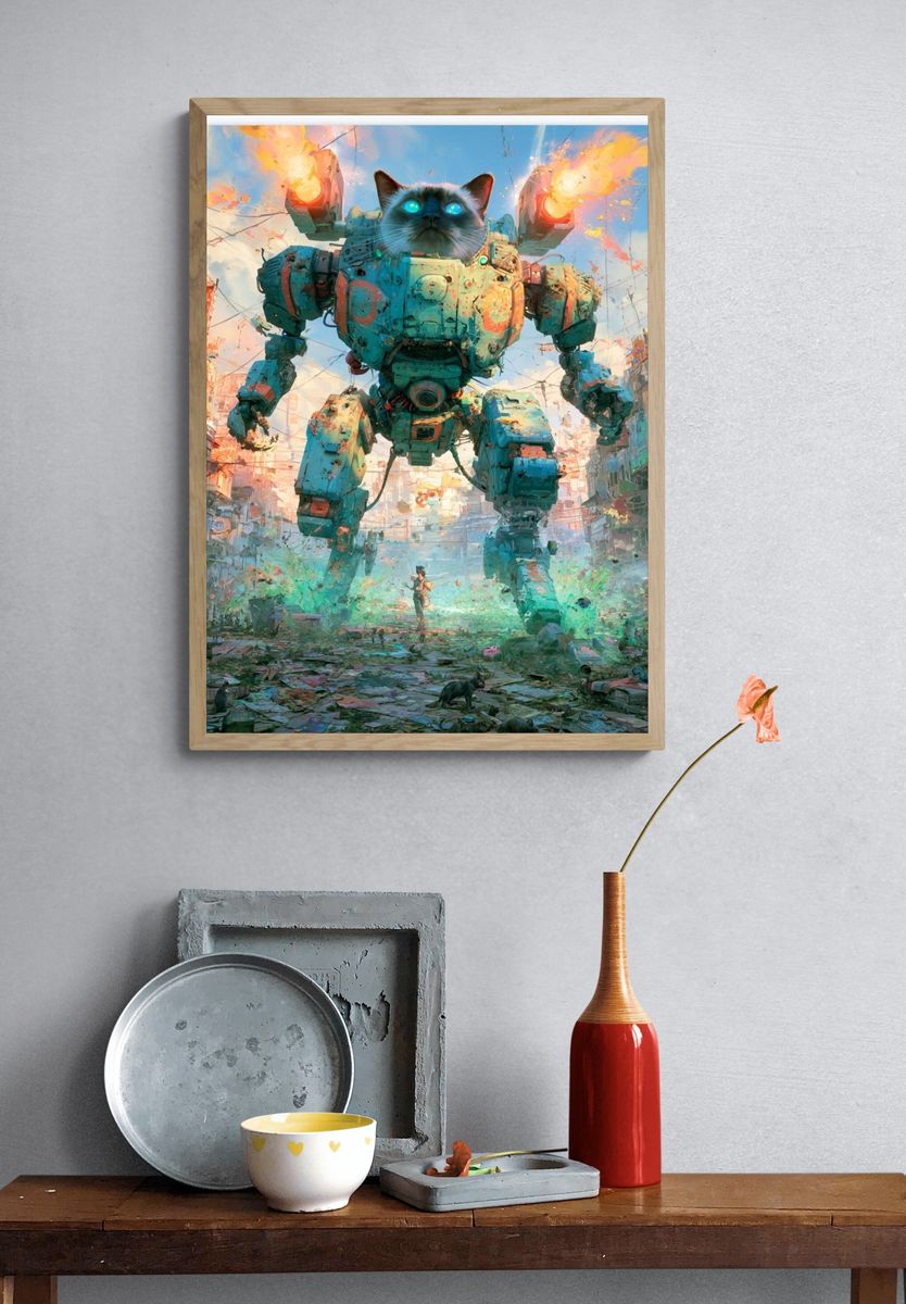 Giant Cat Mech Digital Art Poster. — room view 3