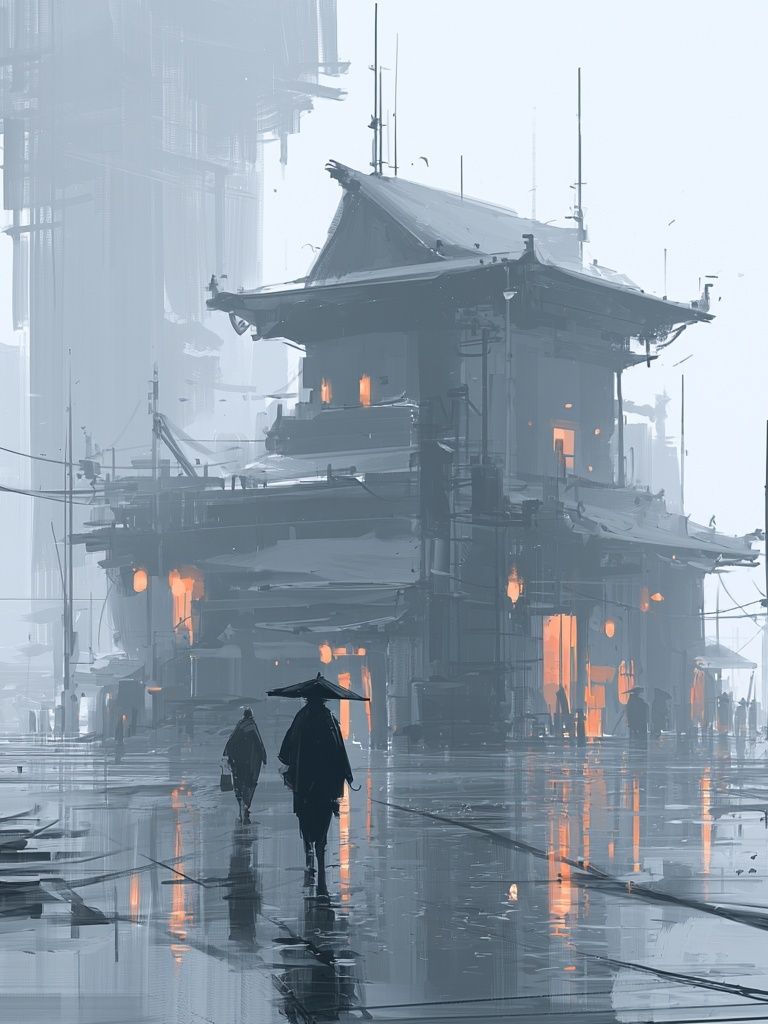 Foggy Cyberpunk Street — Illustration Print. poster detail