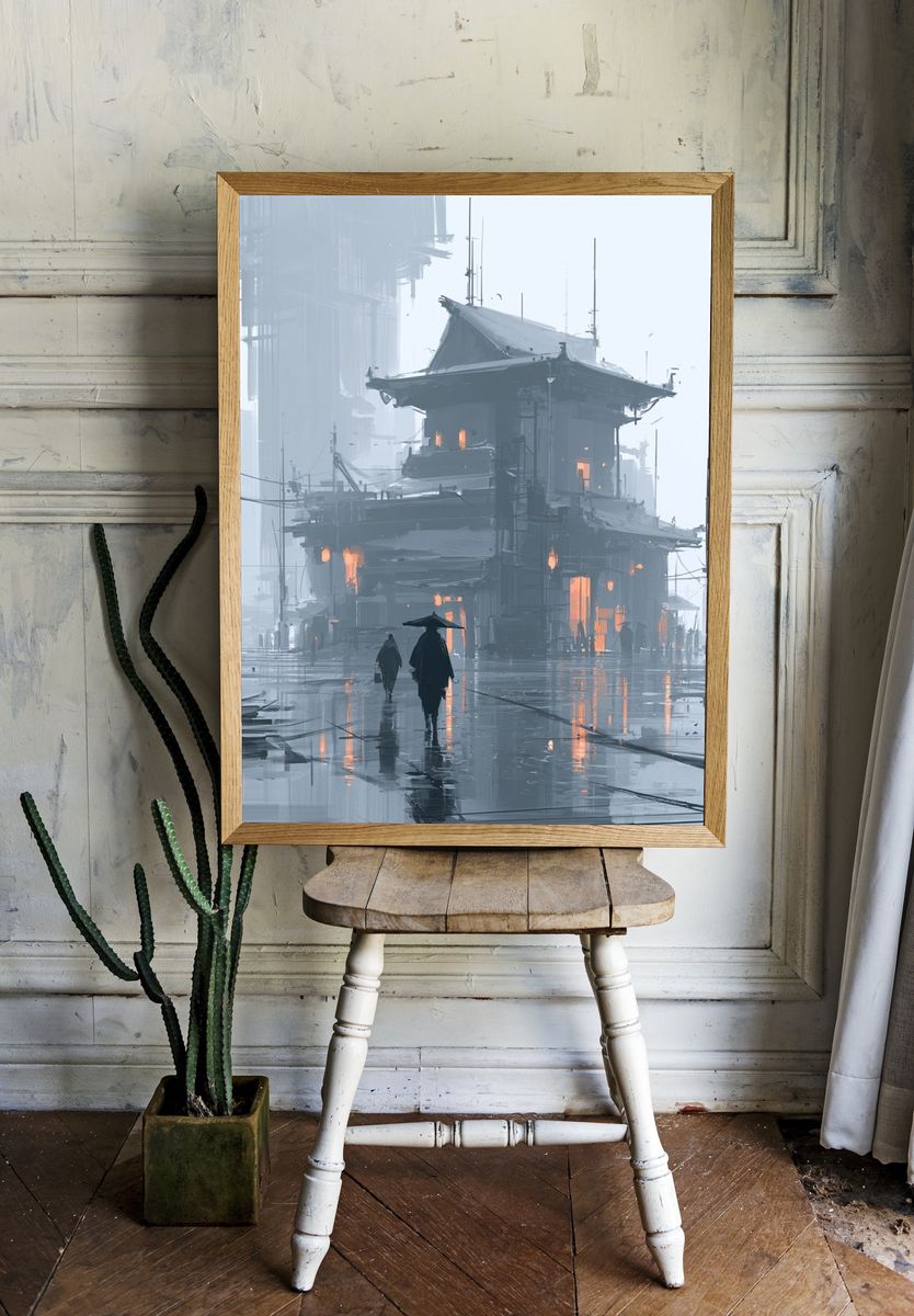 Foggy Cyberpunk Street — Illustration Print. — room view 1