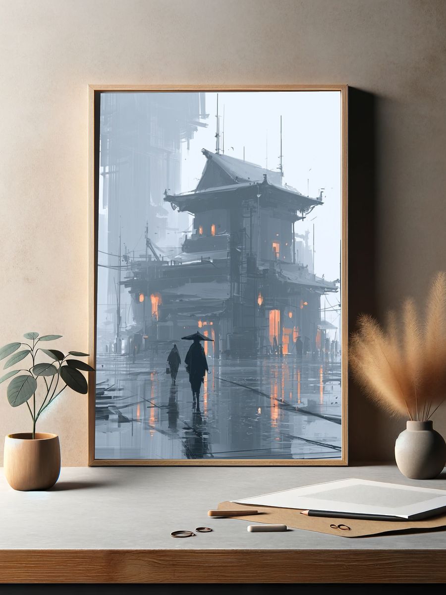 Foggy Cyberpunk Street — Illustration Print. — room view 2