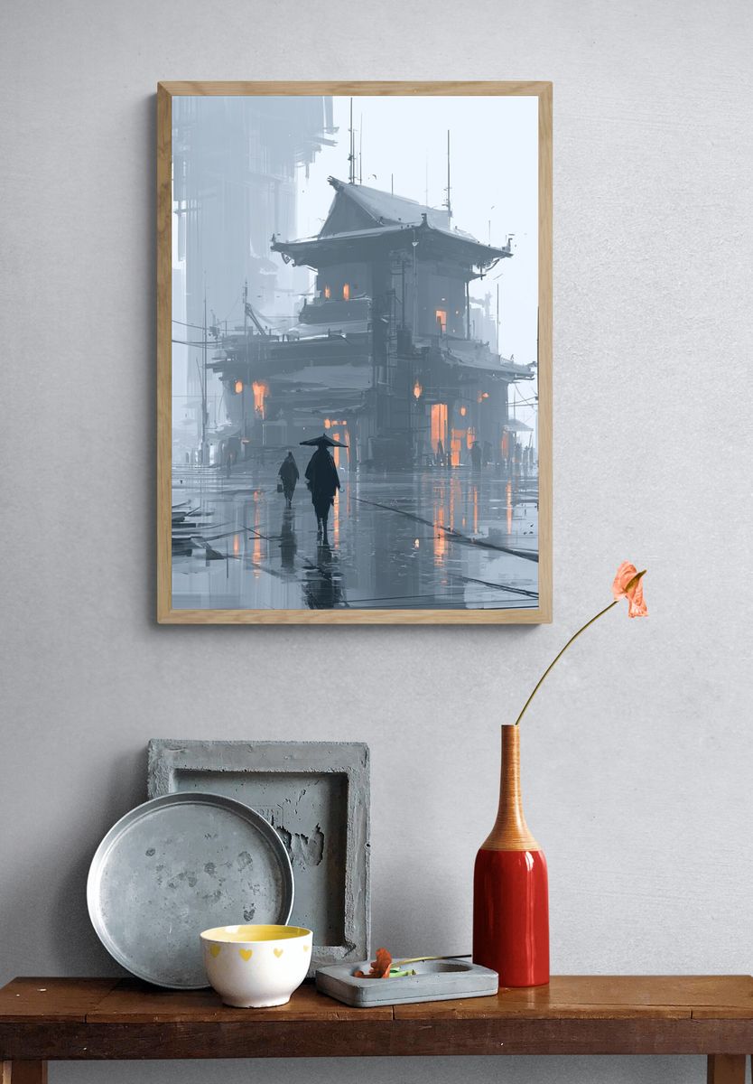 Foggy Cyberpunk Street — Illustration Print. — room view 3