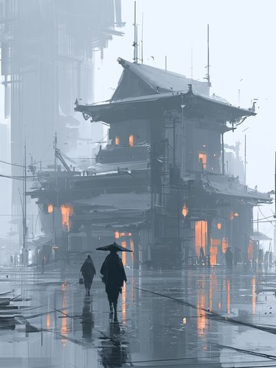 Foggy Cyberpunk Street — Illustration Print. poster