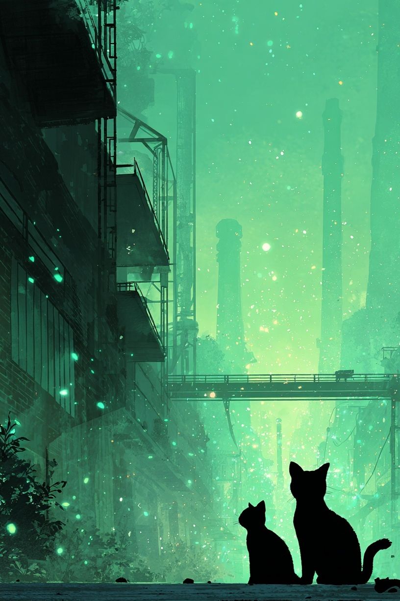Cats in Neon Cityscape Illustration Poster. poster — illustration art