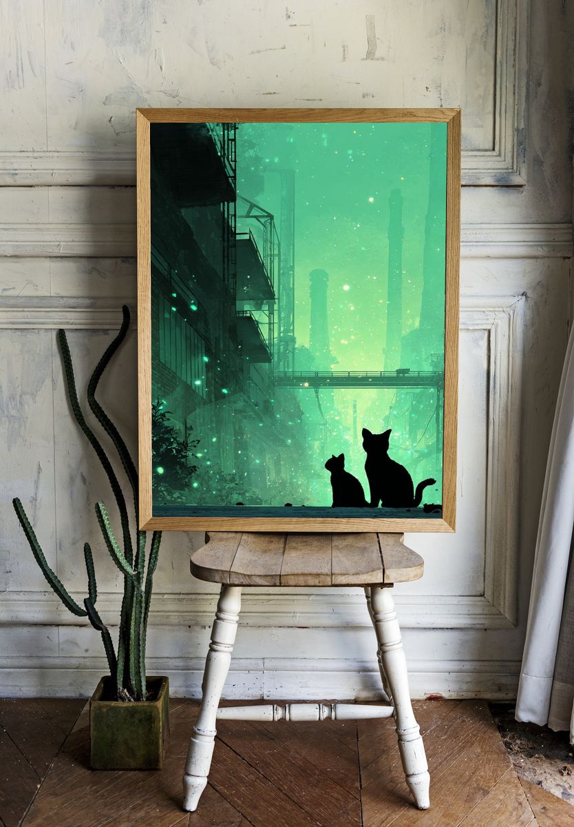 Cats in Neon Cityscape Illustration Poster. — room view 1