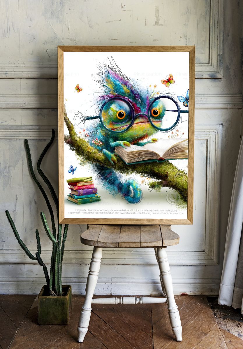 Bookish Chameleon Illustration Poster. — room view 1