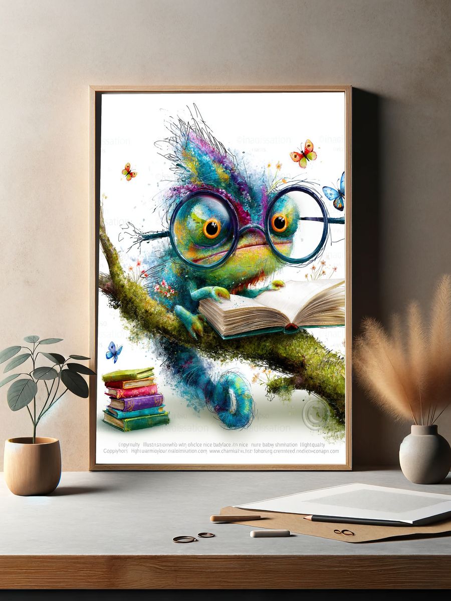 Bookish Chameleon Illustration Poster. — room view 2