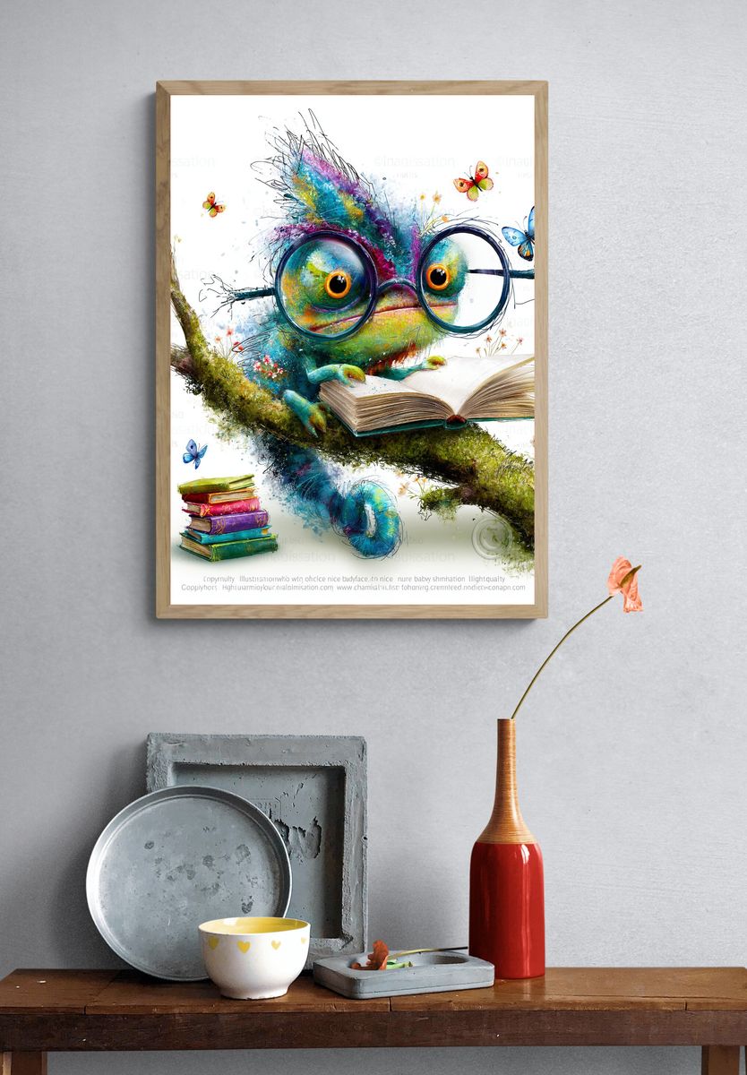 Bookish Chameleon Illustration Poster. — room view 3