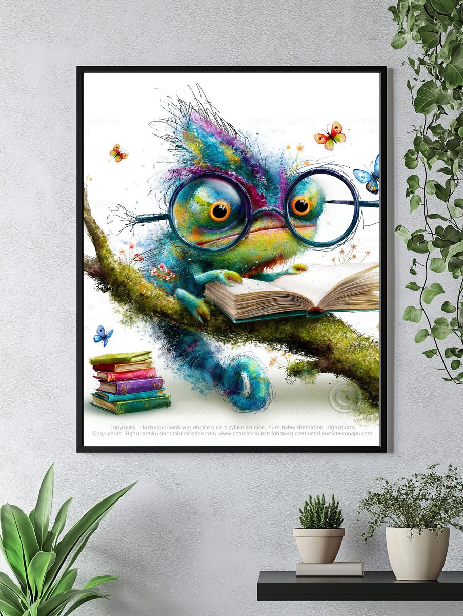 Bookish Chameleon Illustration Poster. — room view 4